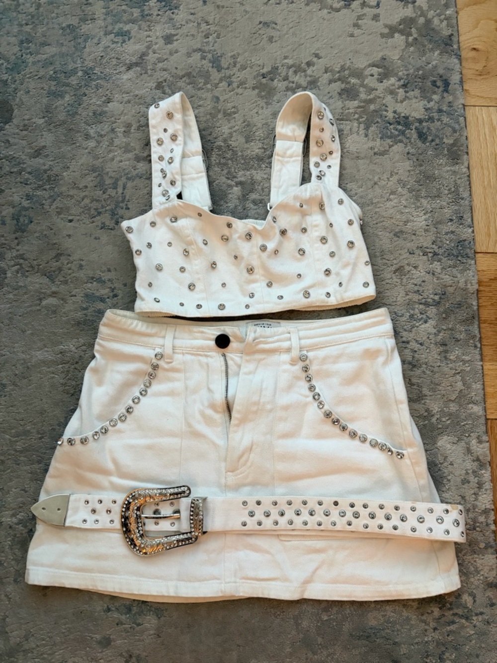 Show Me Your MuMu White Studded Crop Top & Mini Skirt Shania Set with Belt